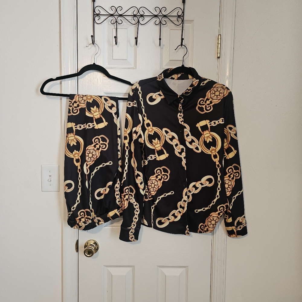 Black and Gold Chain Print Shirt and Pant Set